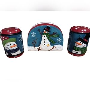 Vintage Çountry Snowman Napkin Holder And Salt And Pepper Set. Nwot